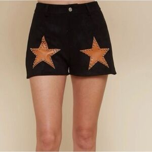 High-Waist Black Shorts with Tan Star Appliqués
